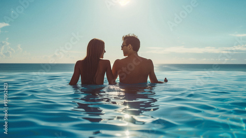 Paar im Infinity-Pool mit romantischem Meerblick bei Sonnenuntergang, Entspannung und Zweisamkeit im Luxushotel, Sommerurlaub an einem exotischen Reiseziel photo