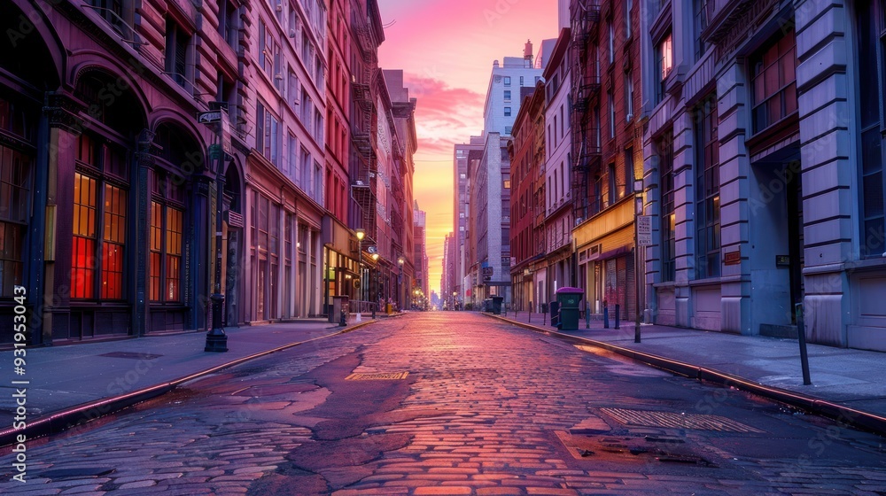 Fototapeta premium Cobblestone Street in a City at Sunrise