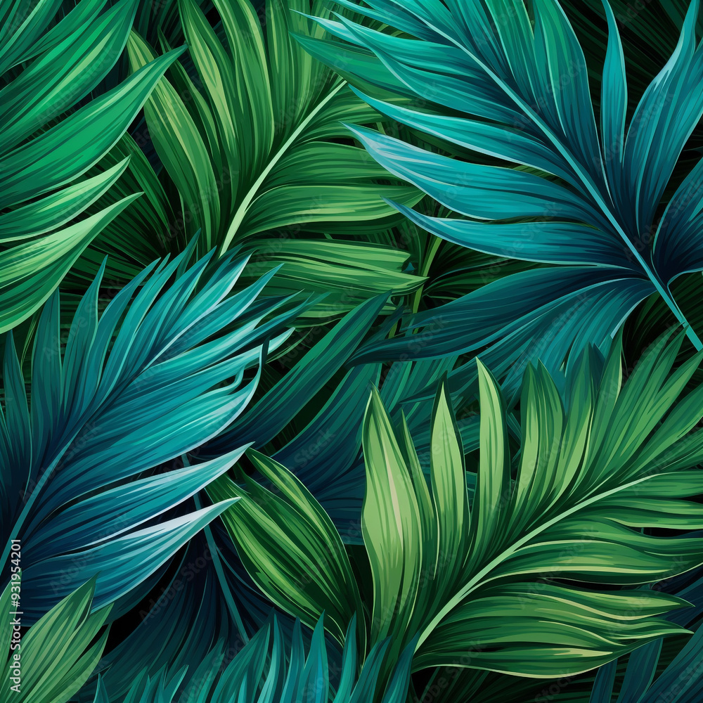 Fototapeta premium turquoise and green tropical leaves. Seamless graphic