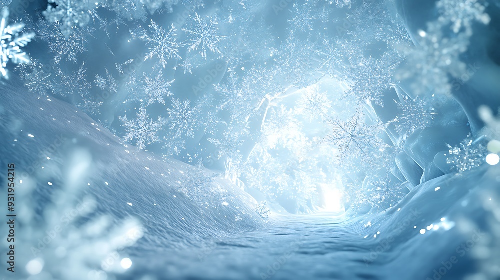 Fototapeta premium Frozen Elegance - Hyper-realistic Snowy Cavern in Cool Whites and Light Blues