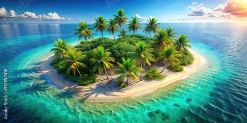 Fototapeta Naklejka Na Ścianę i Meble -  Isometric of a colorful tropical island with palm trees and crystal clear water, tropical, island, paradise, beach