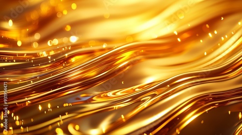 Elegant 3D rendering of fluid gold liquid creating a seamless background, with rich, golden waves and reflective surfaces