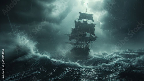 A ghost ship sailing through a stormy sea under a dark sky. photo