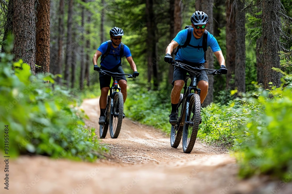 Bike trail through pine forest, adventurous and engaging Bike trail through pine forest, adventurous and engaging