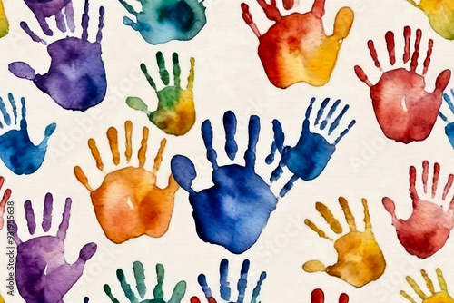 Baby handprint with watercolor on white wall background. Works of child abstract sketch. Colored kids handprints and splattered messy on pictures. Unique backgrounds for creativity and wallpaper photo