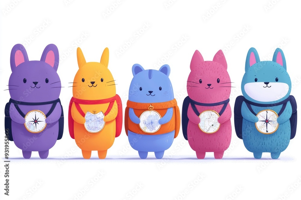 Naklejka premium Cute Cartoon Animals with Backpacks and Compasses Ready for Adventure