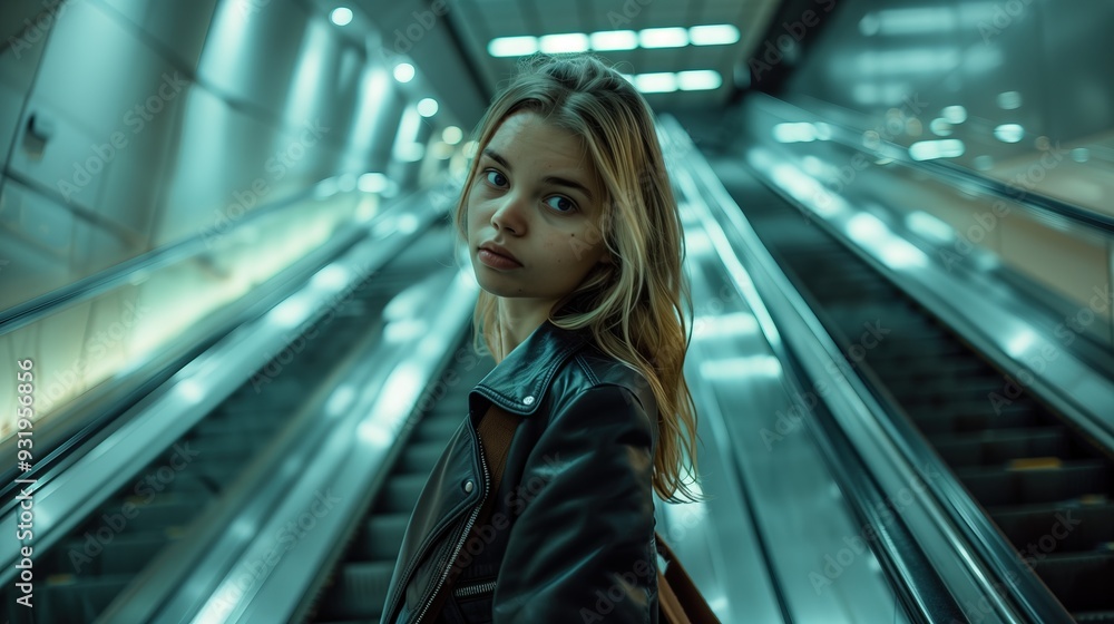 Fototapeta premium Young girl standing on an escalator