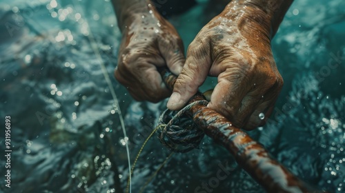 Close-up of Hands Working a Fishing Net