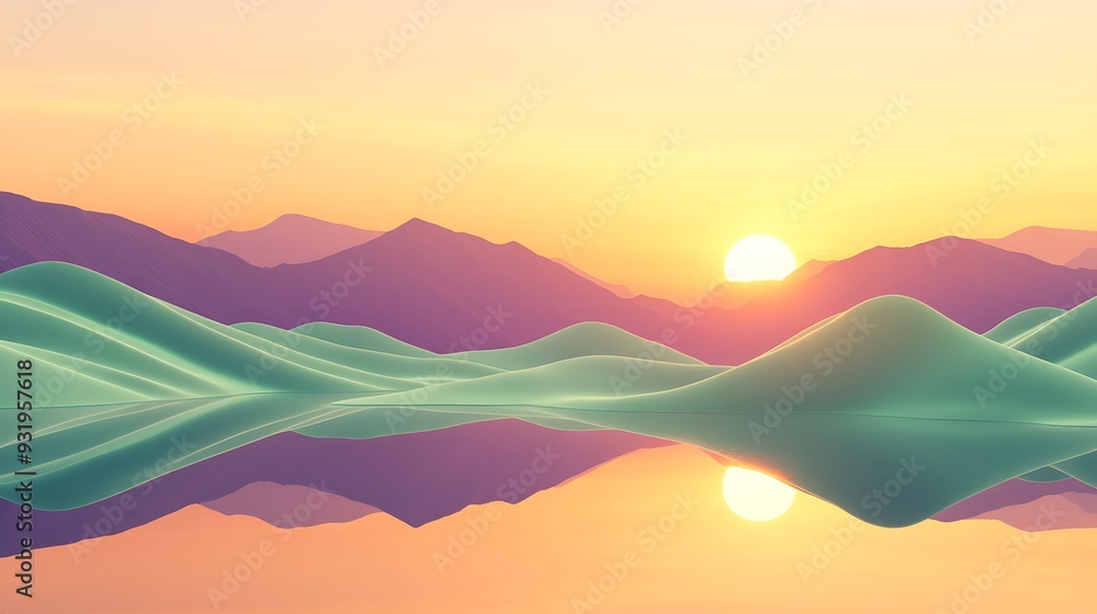 Surreal 3D Render of Neon Green Geometric Hills at Golden Sunset with Mirrored Lake - Lavender Background Surreal 3D Render of Neon Green Geometric Hills at Golden Sunset with Mirrored Lake - Lavender Background
