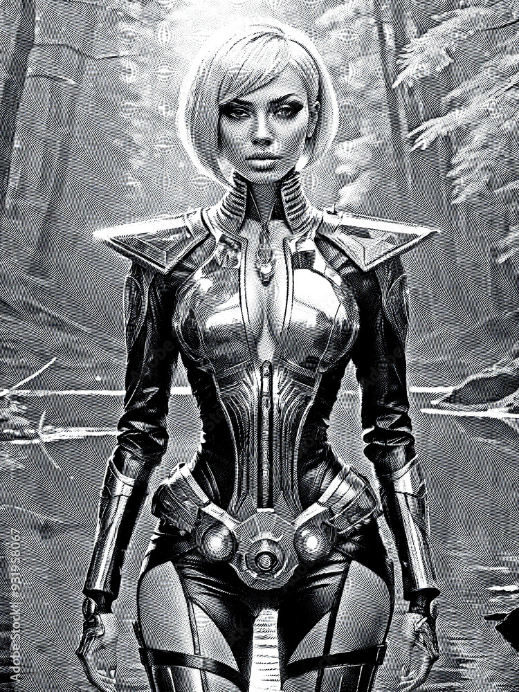 Obraz premium futuristic police woman in the forest, generative ai illustration, engraving technique