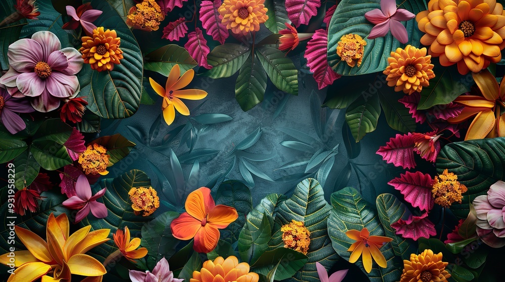 Vibrant Floral and Leaf Motifs Framing Blank Space Vibrant Floral and Leaf Motifs Framing Blank Space