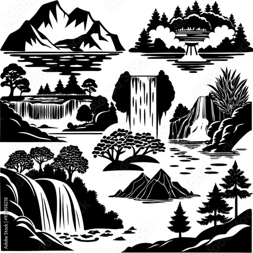 Download  Vector Silhouettes of River and Waterfall Scenes: Flowing River, Cascading Waterfall, Stream, Rapids, Lagoon, River Delta SVG and PNG File