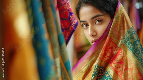 Young Indian fashion designer holding colorful cloth in boutique. photo