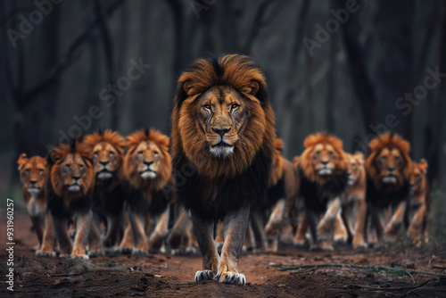 Lion Leading a Pride in the Forest - Majestic and Powerful Leadership of the King of the Jungle in Nature's Wilderness