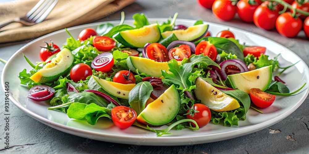 Colorful and vibrant salad with mixed greens, cherry tomatoes, and avocado slices on a white plate Colorful and vibrant salad with mixed greens, cherry tomatoes, and avocado slices on a white plate