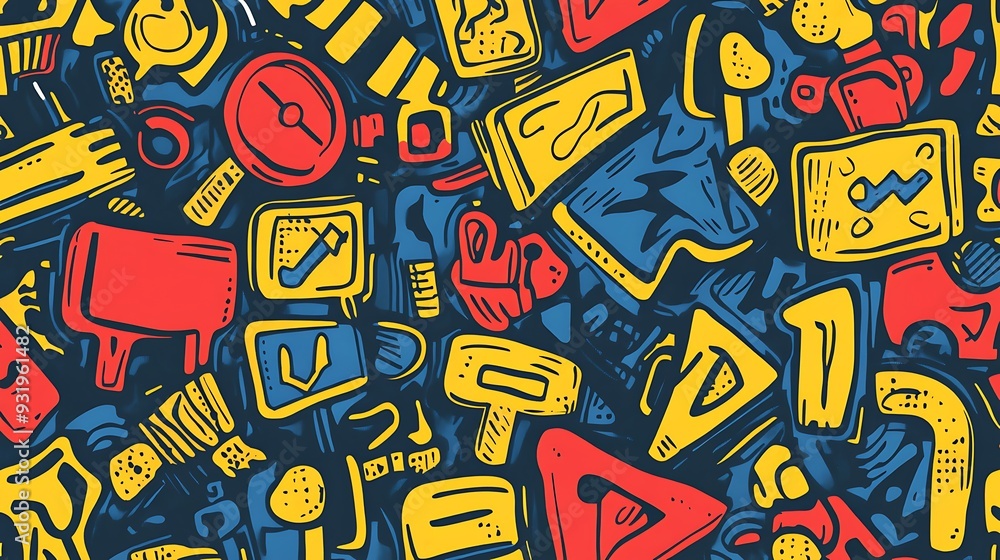 Whimsical Hand-Drawn Cartoon Street Signs Seamless Pattern in Vibrant Colors Whimsical Hand-Drawn Cartoon Street Signs Seamless Pattern in Vibrant Colors