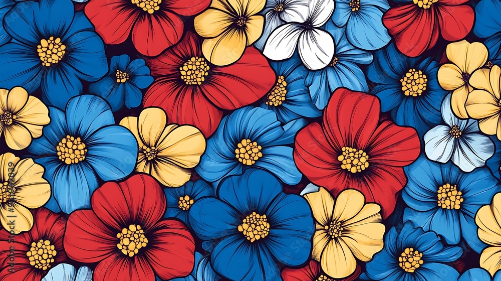 Blooming Delights - Hand-Drawn Cartoon Style Seamless Pattern with Vibrant Red, Blue, and Yellow Flowers Blooming Delights - Hand-Drawn Cartoon Style Seamless Pattern with Vibrant Red, Blue, and Yellow Flowers