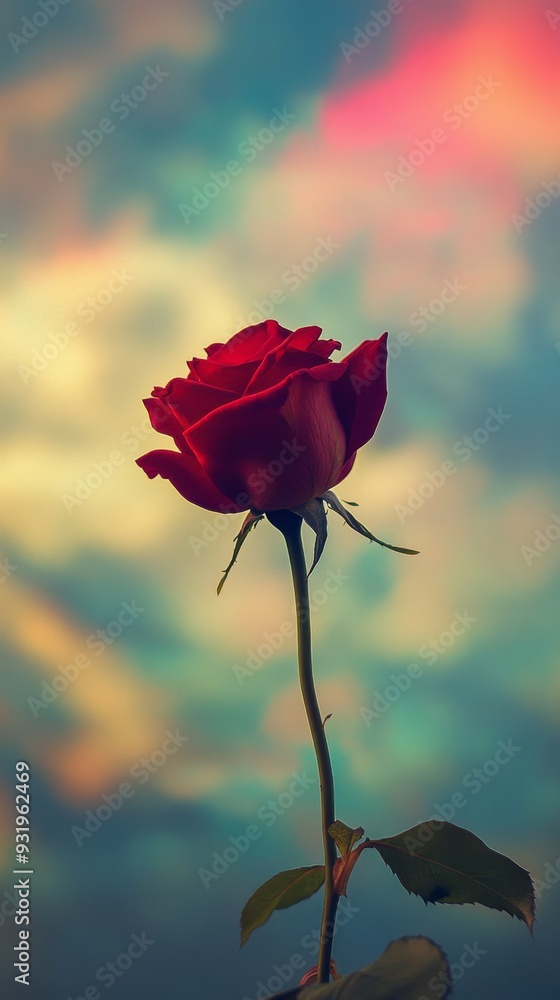 Red rose with blurred colorful sky background