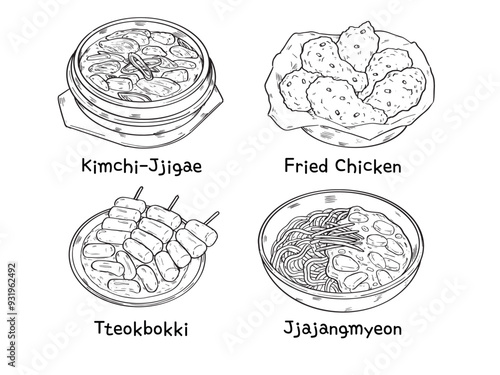 Outline Drawing Korean Food Tteokbokki, Fried Chicken, Kimchi Soup and Jjajangmyeon Vector Illustration