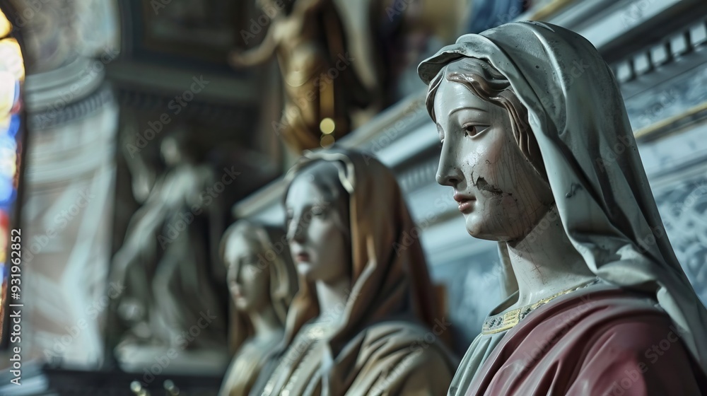 Statues of Holy Women in Roman Catholic Church isolated background Statues of Holy Women in Roman Catholic Church isolated background