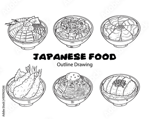 Set of Japanese Food Don Rice Bowl Outline Drawing Illustration
