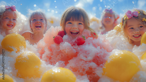 巨大なかき氷の山と子供達、夏の日のファンタジー photo