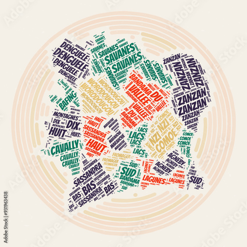 Cote d'Ivoire round poster. Typography style image of the country. Regions word clouds of Cote d'Ivoire. Vintage image design with scratch texture.