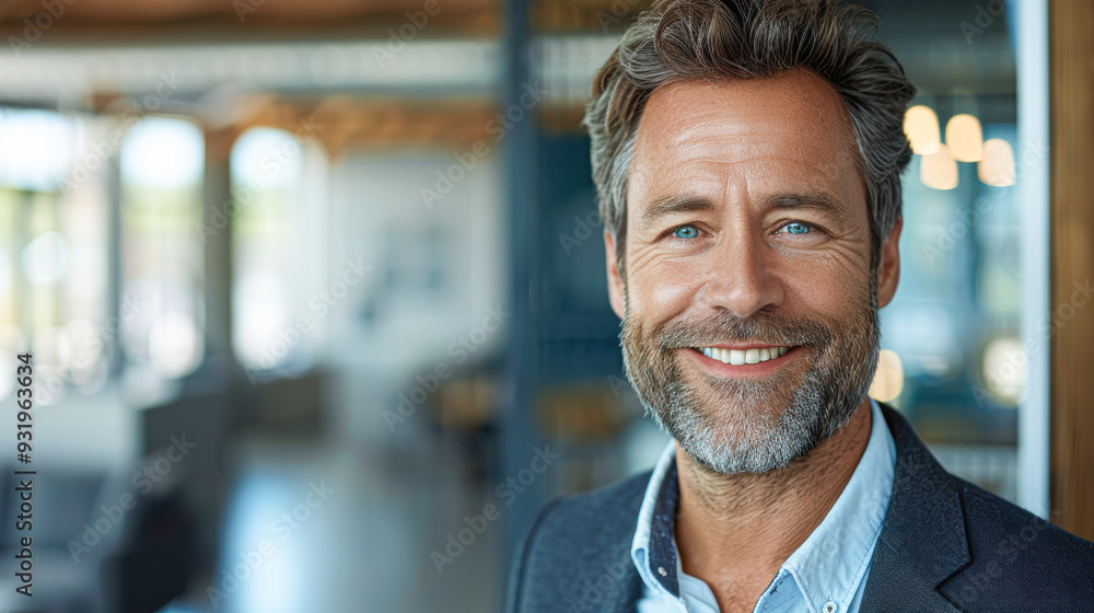 A man with a beard and a blue shirt is smiling in front of a wall
