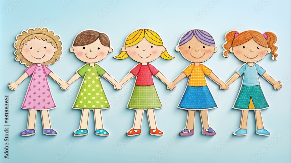 Fototapeta premium Paper doll friends holding hands and smiling , friendship, joy, paper dolls, cutouts, craft, bonding, happy