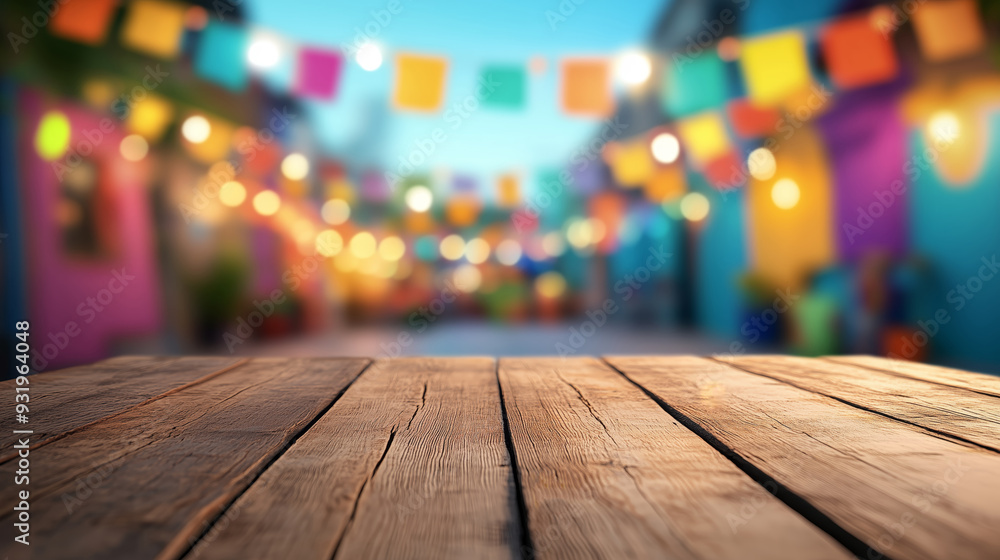 empty Wooden table top with colorful bokeh festival light garden background