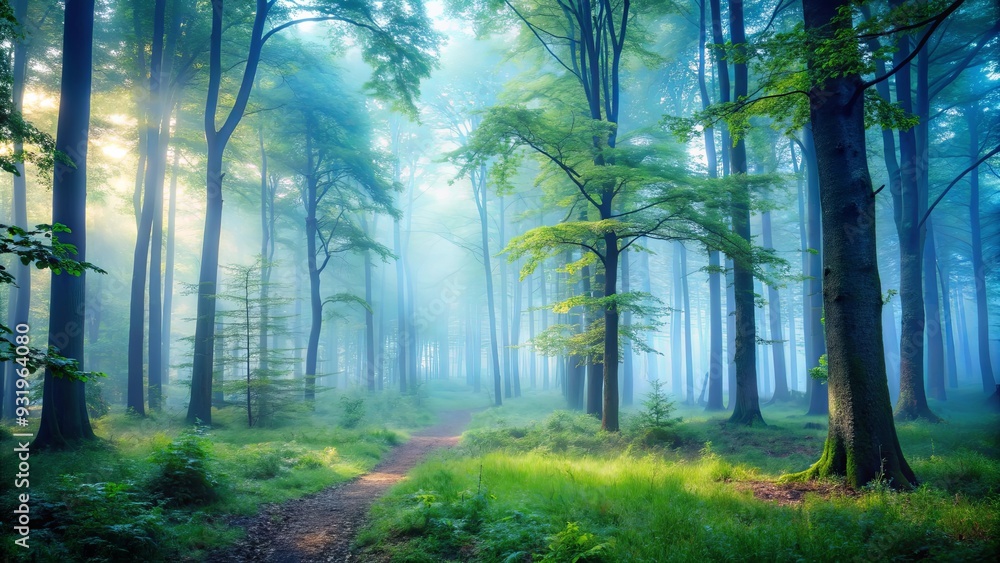 Misty morning in a foggy forest with eerie atmosphere, tranquil and spooky nature scene Misty morning in a foggy forest with eerie atmosphere, tranquil and spooky nature scene