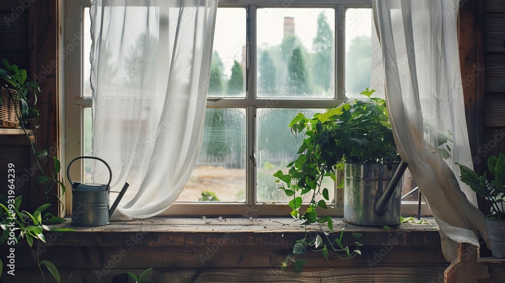 Rustic wooden house with white window overlooking garden houseplants Rustic wooden house with white window overlooking garden houseplants