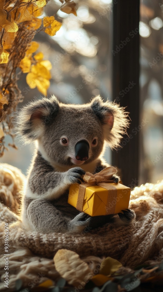 Fototapeta premium Cute koala holding a gift sitting on a knitted blanket