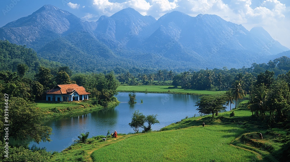 Fototapeta premium A serene scene of rice paddies in Tamil Nadu, with farmers working in the fields surrounded by lush greenery and distant hills.