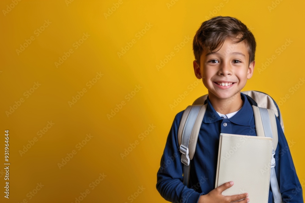 Smiling boy in casual clothes with books for study at school isolated on yellow background Smiling boy in casual clothes with books for study at school isolated on yellow background