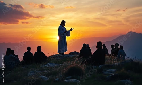 
Silhouette of jesus preaching a powerful sermon on a mountain top, surrounded by followers. A serene and spiritual biblical scene captured in this impactful image. photo