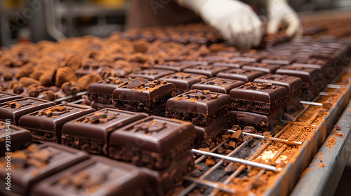 Close-up of a chocolate production line featuring handcrafted squares being prepared, highlighting artisanal chocolate making and confectionery craftsmanship photo