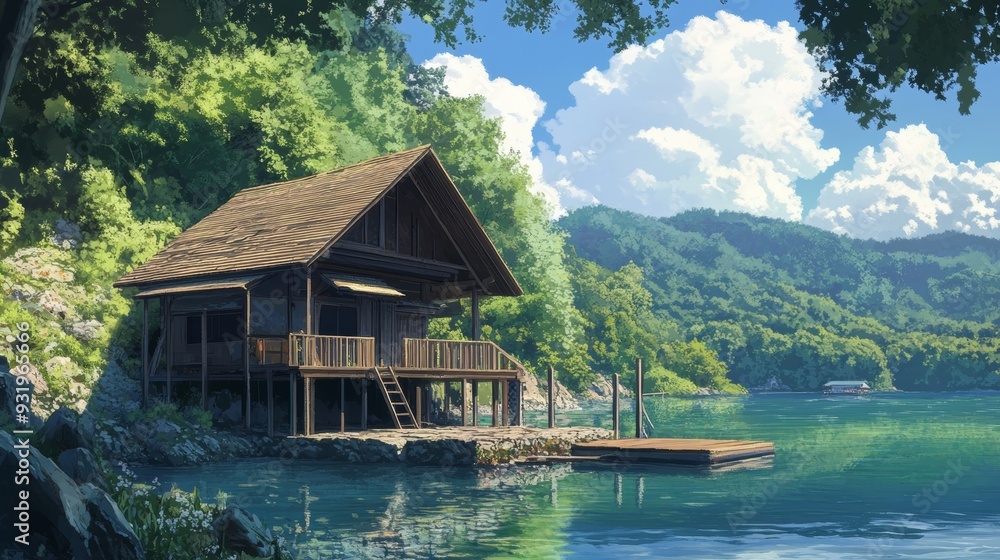 Tranquil Lake house, anime style Tranquil Lake house, anime style