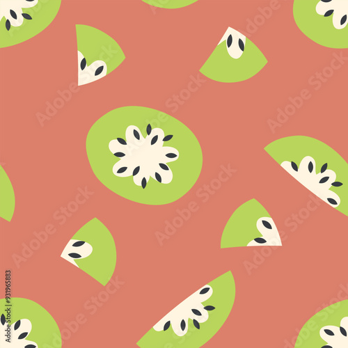 Modern art minimalist style seamless pattern with kiwi pieces. Perfect for banner, textile, fabric, paper, label, sale. Hand drawn vector illustration.