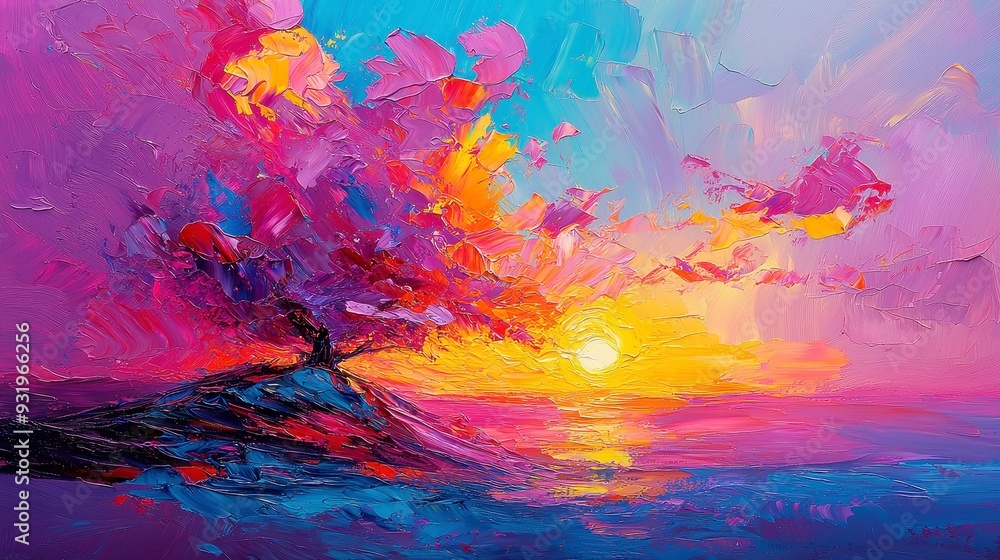 Vibrant Abstract Landscape, semi-abstract depiction of a tree on a hill under a colorful sunset sky, blending hues of yellow and purple, evoking the beauty of nature. Vibrant Abstract Landscape, semi-abstract depiction of a tree on a hill under a colorful sunset sky, blending hues of yellow and purple, evoking the beauty of nature.