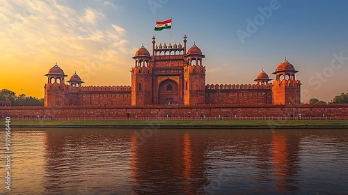 The historic Red Fort in Delhi, with its massive red sandstone walls and the Indian tricolor flag flying above.
