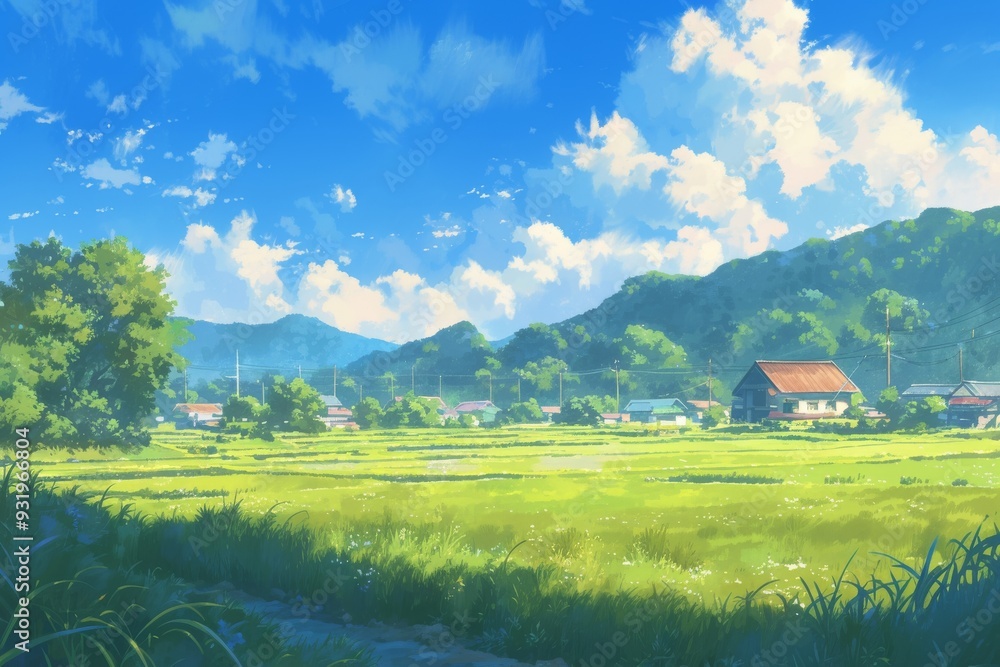 Obraz premium Scenic anime landscape of a peaceful village nestled amidst lush green rice fields, mountains and blue skies. Concept of countryside living, tranquility, and natural beauty