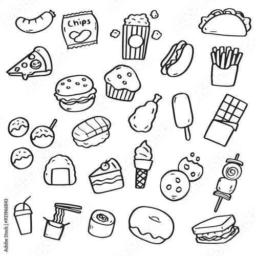 Collection of Fast Food and Drink Outline Drawing Doodles