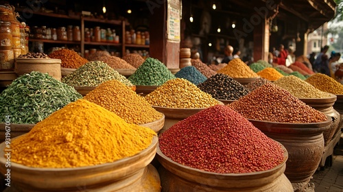 Fototapeta Naklejka Na Ścianę i Meble -  A bustling scene at the spice market in Kochi, with mounds of colorful spices, herbs, and people busy buying and selling.