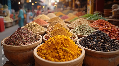 Fototapeta Naklejka Na Ścianę i Meble -  A bustling scene at the spice market in Kochi, with mounds of colorful spices, herbs, and people busy buying and selling.