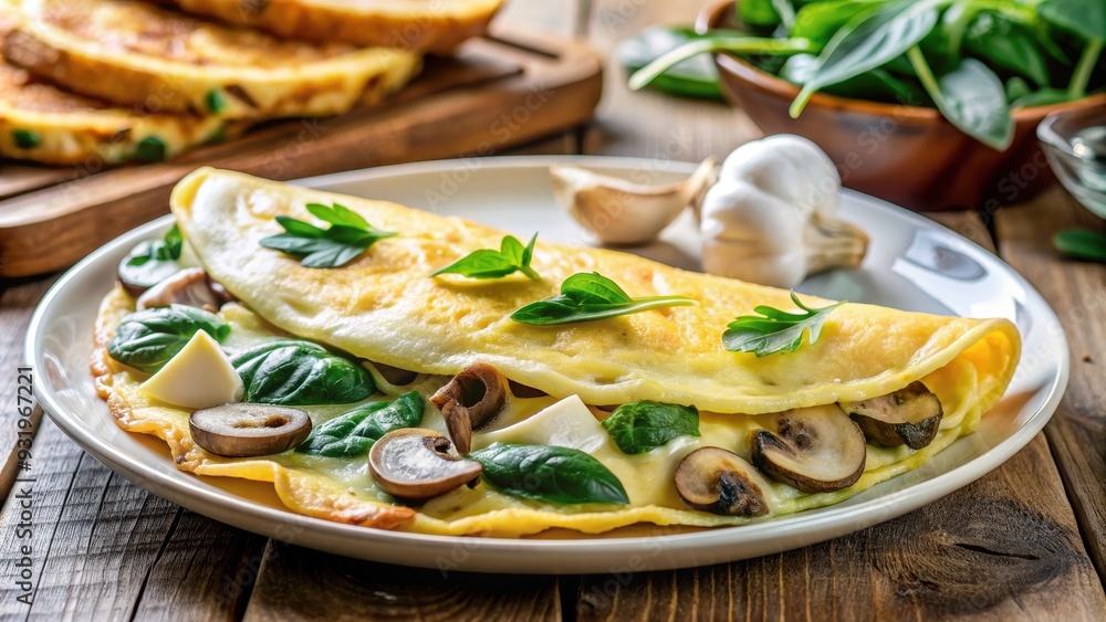 Mushroom and spinach omelette topped with cheese, served on a plate for breakfast, food, breakfast, omelette, mushroom Mushroom and spinach omelette topped with cheese, served on a plate for breakfast, food, breakfast, omelette, mushroom