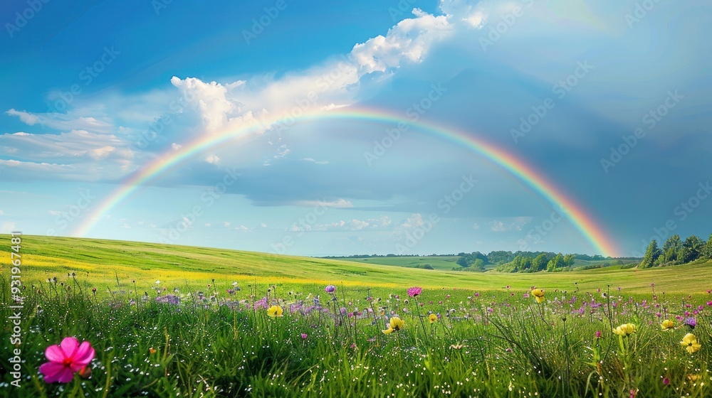 Naklejka premium Colorful rainbow under blue sky green grassland background on mountain