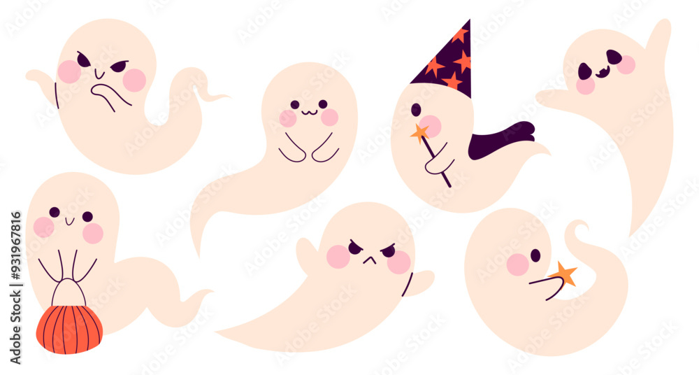 Set of cute ghost characters. Halloween phantom, spirit. Happy holiday, Halloween for kids. Vector illustration in flat style isolated on white background Set of cute ghost characters. Halloween phantom, spirit. Happy holiday, Halloween for kids. Vector illustration in flat style isolated on white background