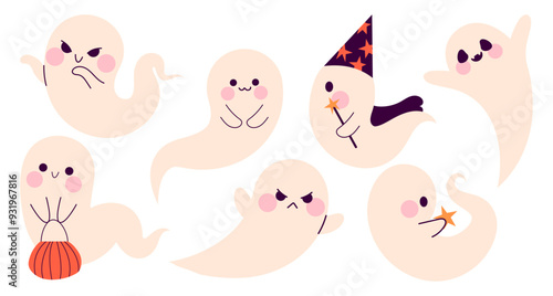 Set of cute ghost characters. Halloween phantom, spirit. Happy holiday, Halloween for kids. Vector illustration in flat style isolated on white background