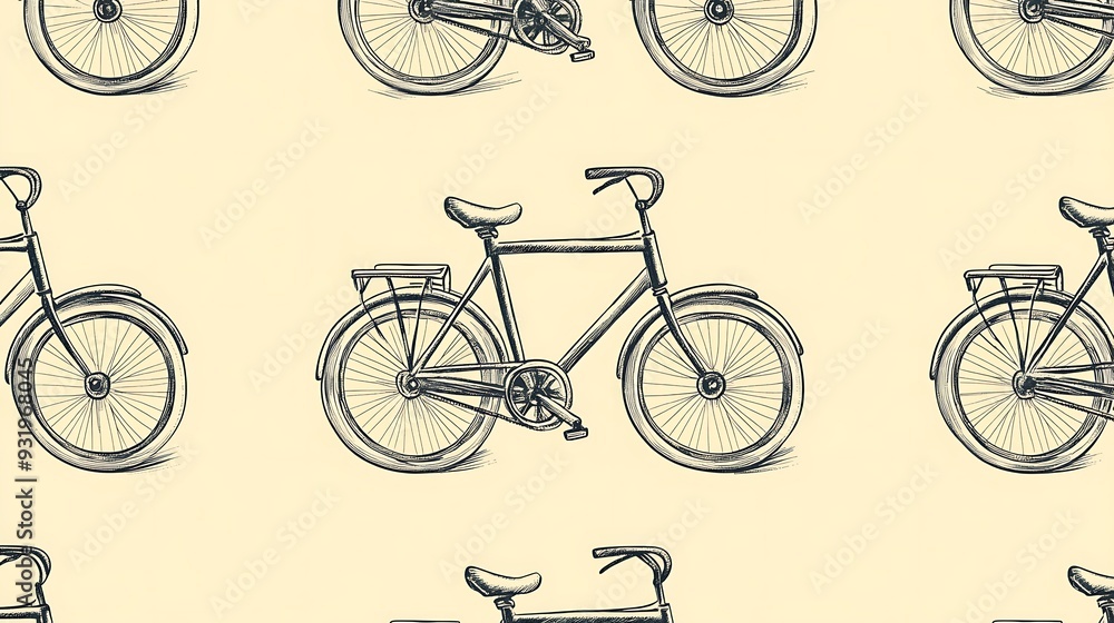 Whimsical Bicycle Pattern: Hand-Drawn Black and White Illustration on Light Yellow Background - PNG Mockup Template for Design Inspiration Whimsical Bicycle Pattern: Hand-Drawn Black and White Illustration on Light Yellow Background - PNG Mockup Template for Design Inspiration